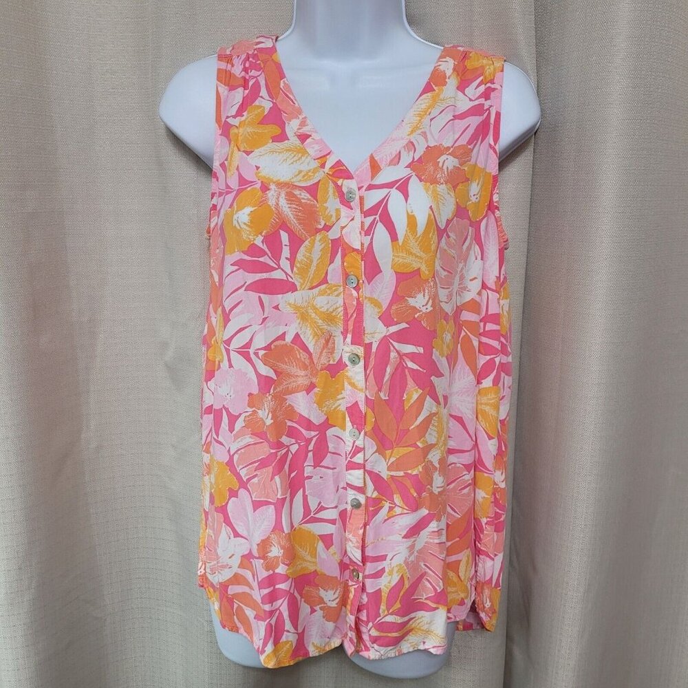 J. Jill Sleeveless V-Neck Button Up Top Women's Size XS Floral Pink And Coral